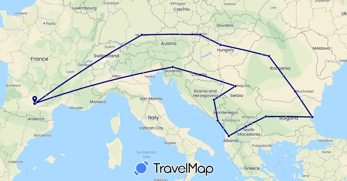 TravelMap itinerary: driving in Albania, Bosnia and Herzegovina, Bulgaria, Germany, France, Hungary, Montenegro, Macedonia, Romania, Serbia, Slovenia, Slovakia (Europe)