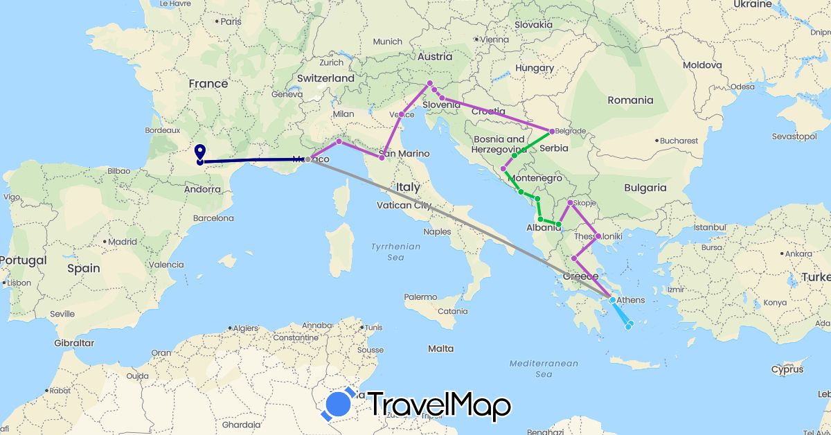 TravelMap itinerary: driving, bus, plane, train, boat in Albania, Austria, Bosnia and Herzegovina, France, Greece, Italy, Montenegro, Macedonia, Serbia, Slovenia (Europe)