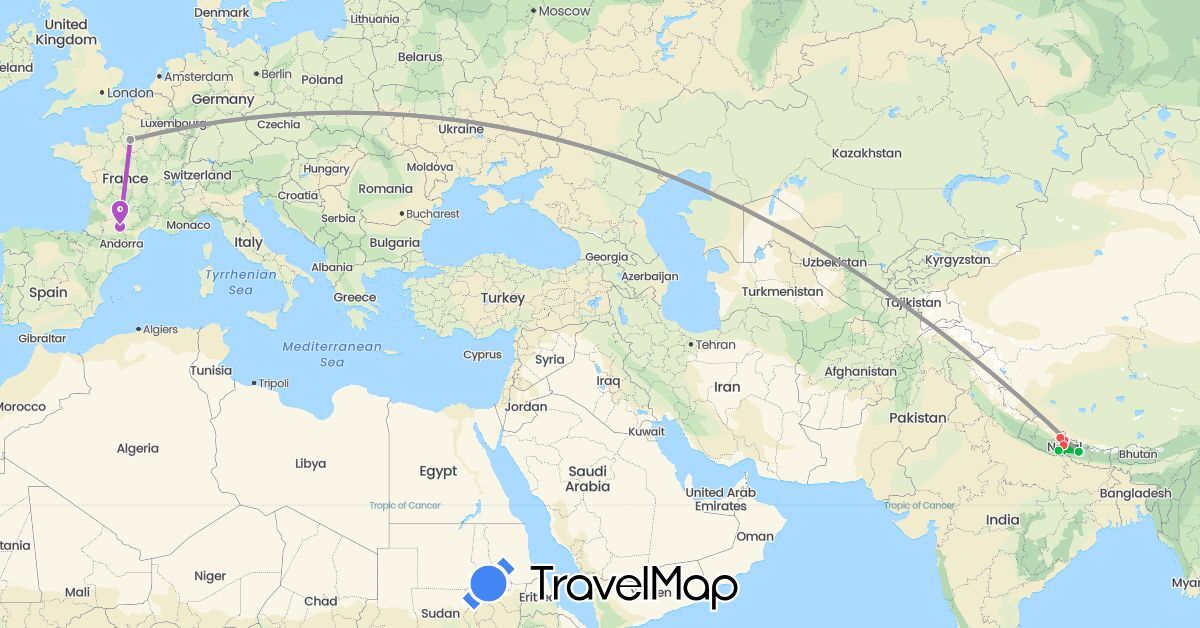 TravelMap itinerary: driving, bus, plane, train, hiking in France, Nepal (Asia, Europe)